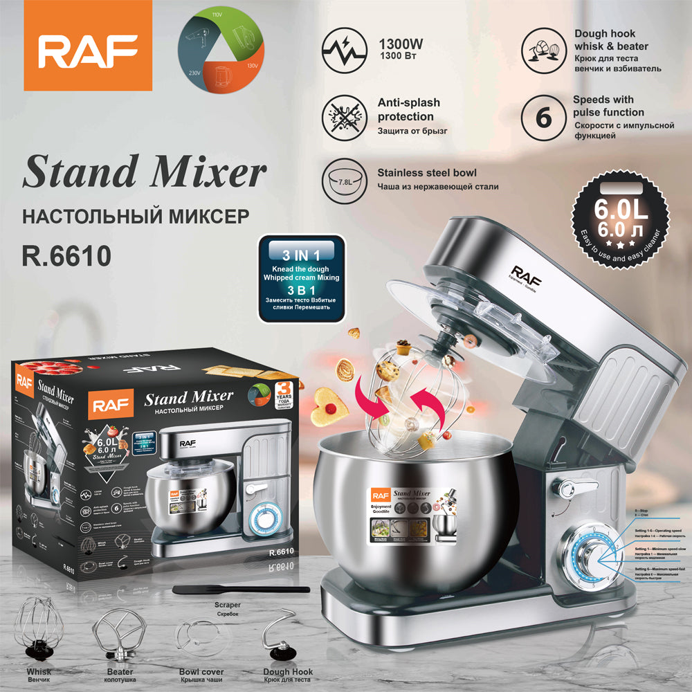 6L Stainless Steel Stand Mixer RAF R.6610 – 1300W Large Capacity Dough Mixer with LED Speed Control & All-Alloy Attachments