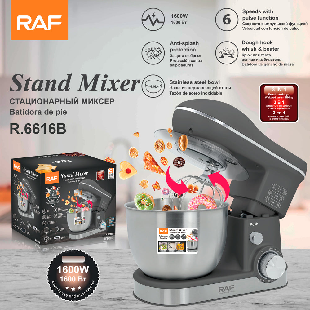 RAF R.6616 Professional Bowl-Lift Stand Mixer – 1600W Heavy-Duty 4L Dough Mixer with All-Metal Gears & Stainless Steel Bowl (Commercial Grade)