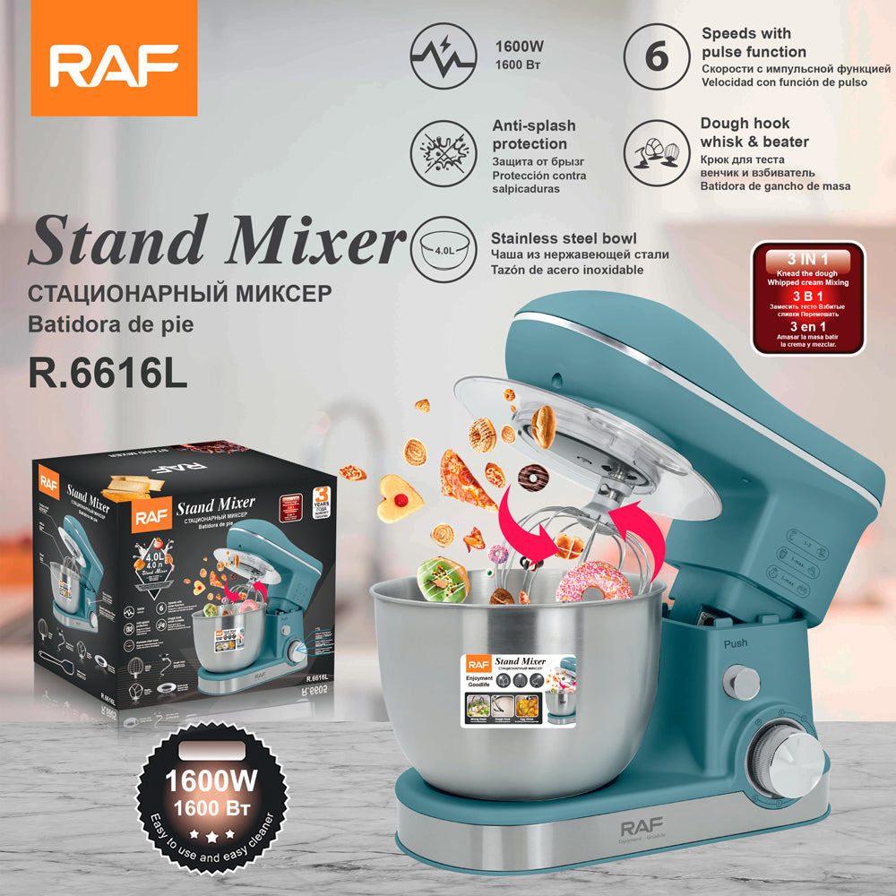 RAF R.6616 Professional Bowl-Lift Stand Mixer – 1600W Heavy-Duty 4L Dough Mixer with All-Metal Gears & Stainless Steel Bowl (Commercial Grade)