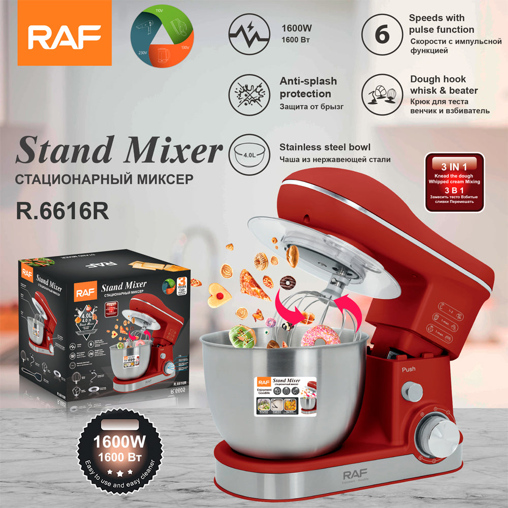 RAF R.6616 Professional Bowl-Lift Stand Mixer – 1600W Heavy-Duty 4L Dough Mixer with All-Metal Gears & Stainless Steel Bowl (Commercial Grade)