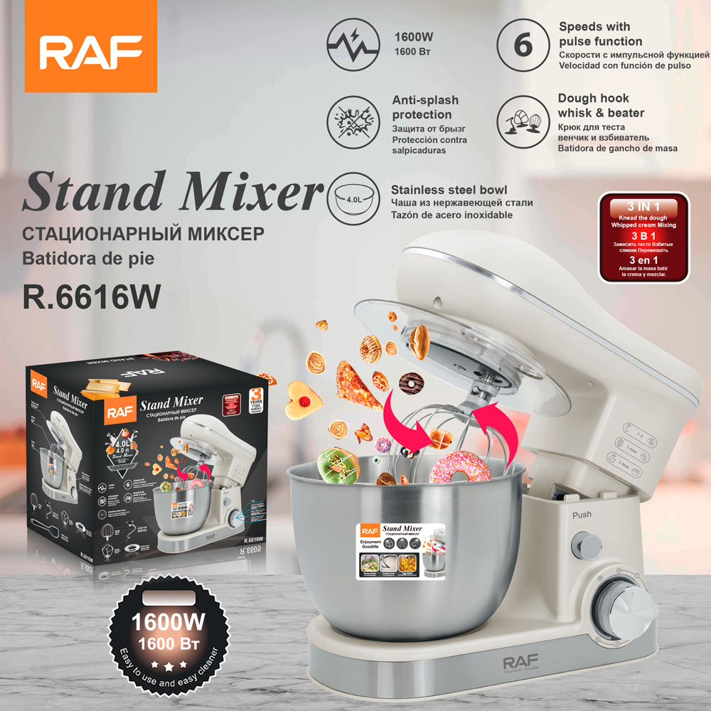 RAF R.6616 Professional Bowl-Lift Stand Mixer – 1600W Heavy-Duty 4L Dough Mixer with All-Metal Gears & Stainless Steel Bowl (Commercial Grade)