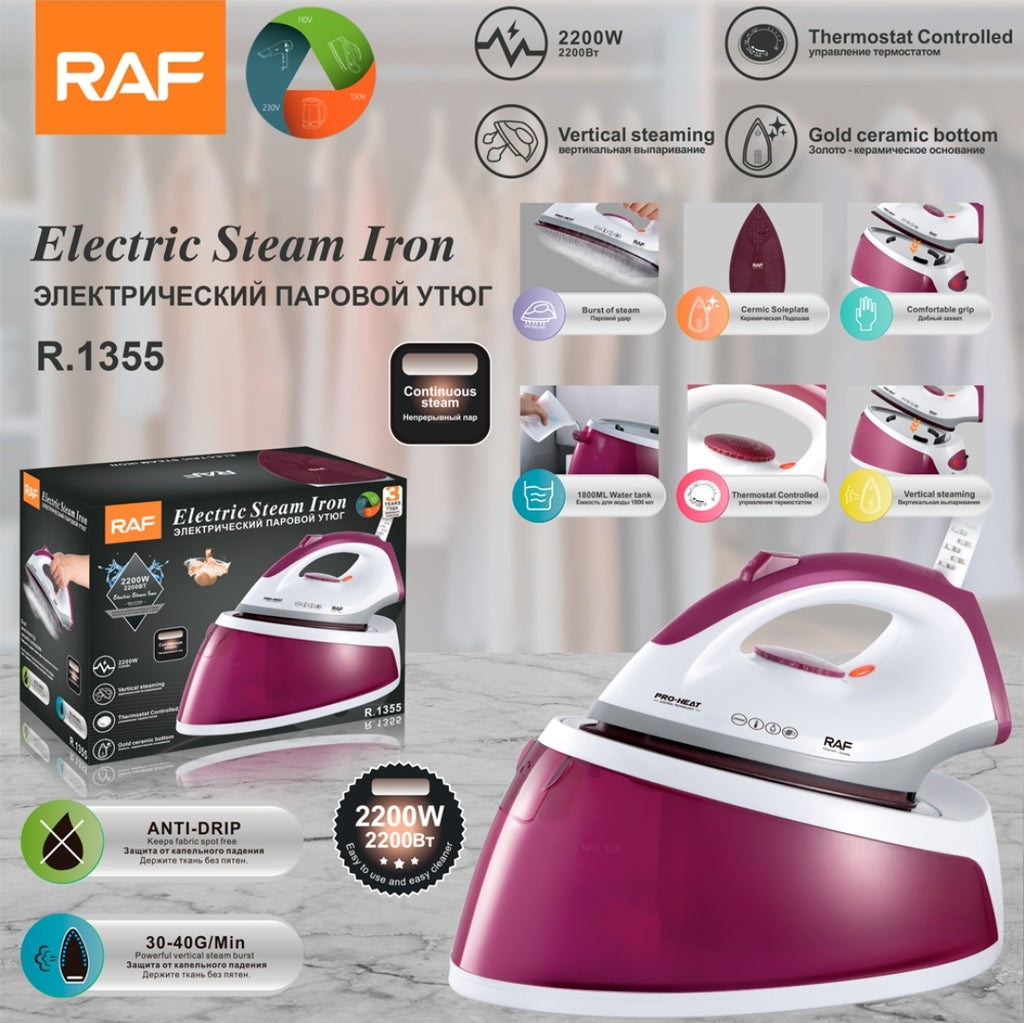 Electric Steam Iron. RAF R.1355 Steam Iron Station – 2200W Boiler Steam Iron with 1.8L Water Tank and Ceramic Soleplate