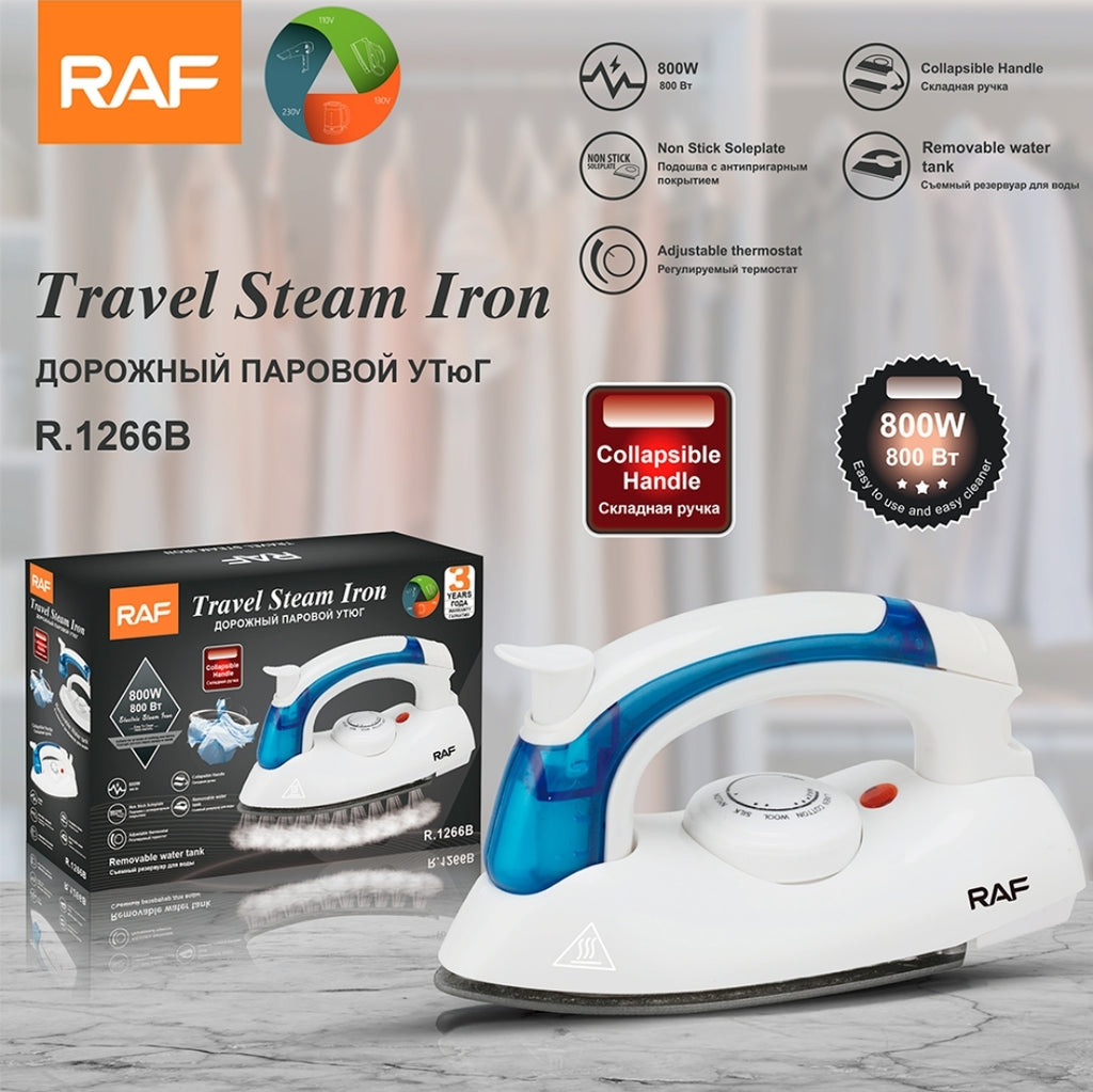 Electric Travel Steam Iron RAF R.1266 Portable Foldable Travel Steam Iron – 800W Compact Electric Iron with Ceramic Soleplate