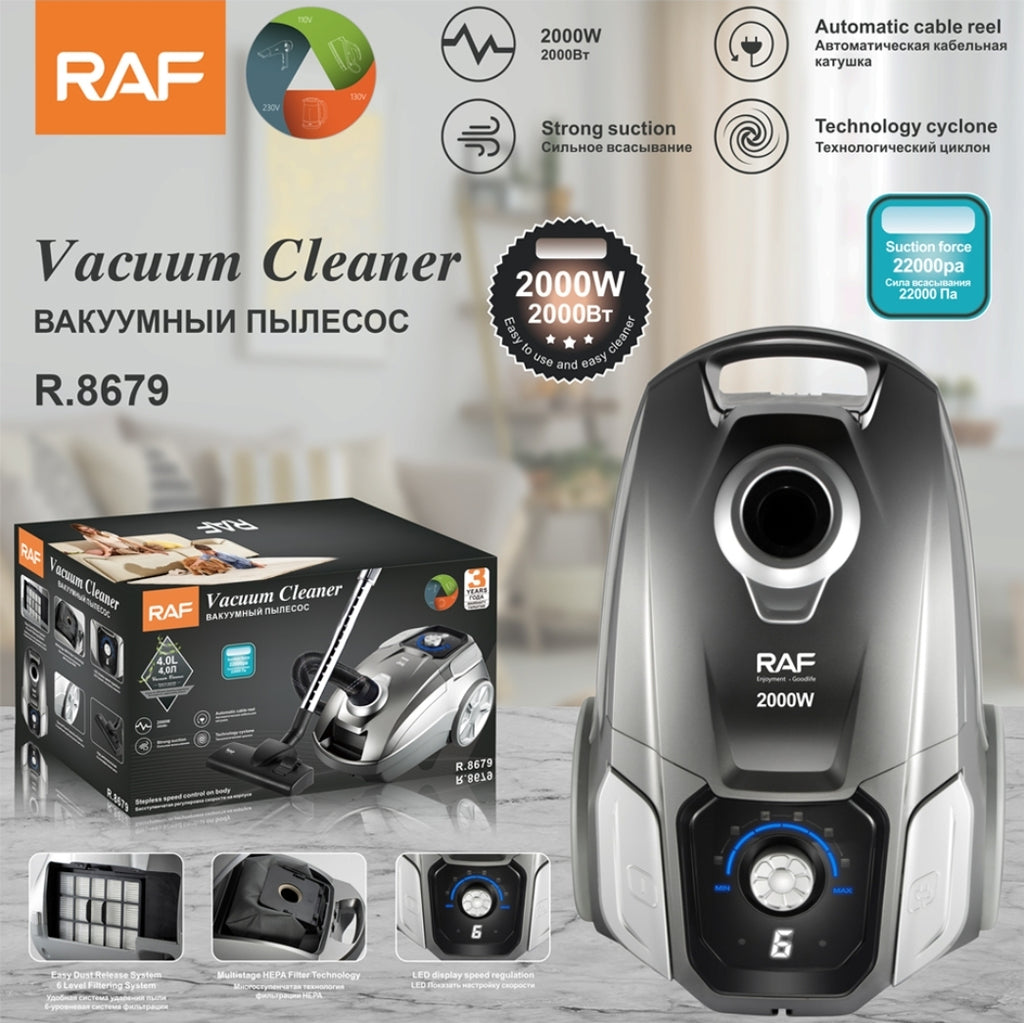 Canister Vacuum CleanerRAF R.8679 – 2000W High Power Vacuum with LED Display & Auto Cord Rewind