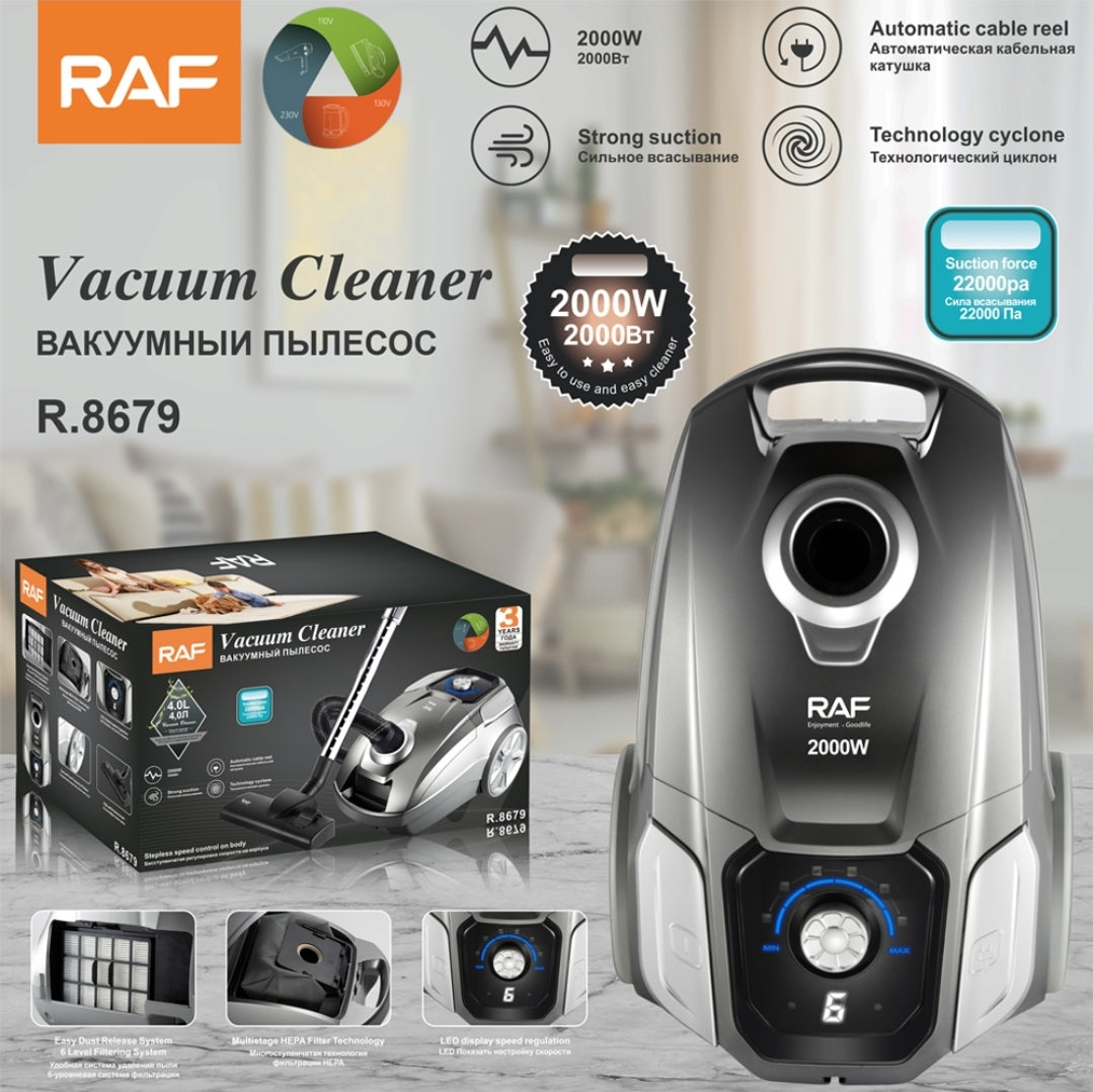 Canister Vacuum CleanerRAF R.8679 – 2000W High Power Vacuum with LED Display & Auto Cord Rewind