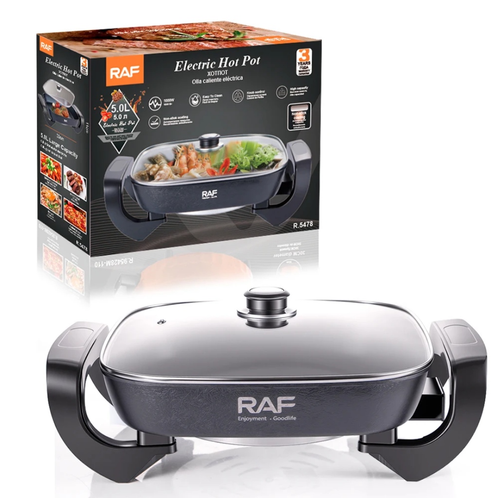 Professional Electric Hot Pot & Stock Pot RAF R.5478 – 1000W High-Speed Heating, Non-Stick Interior, Multi-Functional Cooker with Precision Temperature Control & Glass Lid
