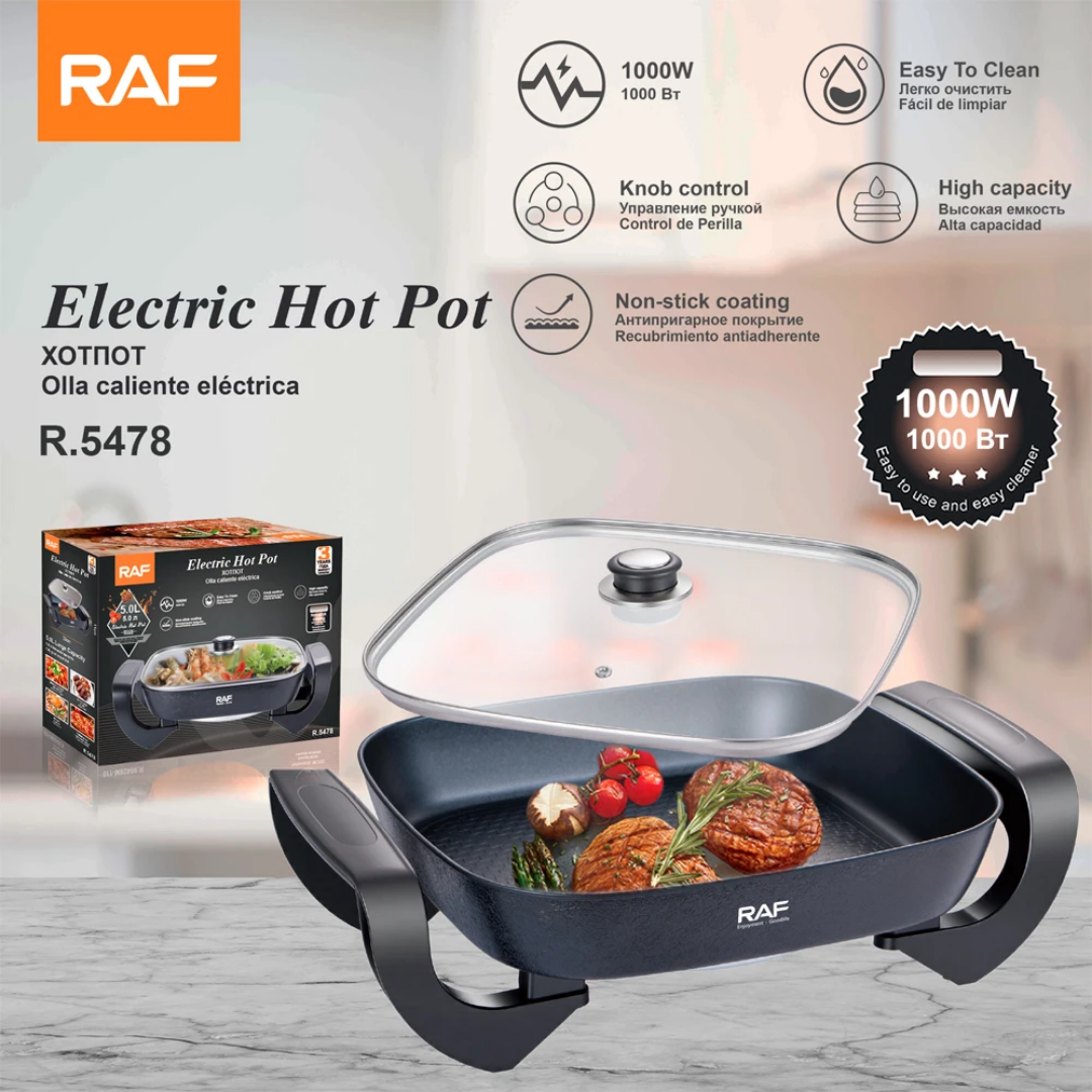 Professional Electric Hot Pot & Stock Pot RAF R.5478 – 1000W High-Speed Heating, Non-Stick Interior, Multi-Functional Cooker with Precision Temperature Control & Glass Lid